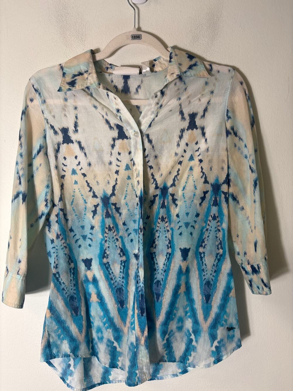 Chico's Off White Blue Cotton Long Sleeve Button Down Sz 0 (4)